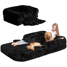 EHEYCIGA Foldable Human Dog Bed, Orthopedic Memory Foam Human Sized Dog Bed, Waterproof Pet Bed for People, Faux Fur Pet Couch for Adult, Black, 72"x44"x11"