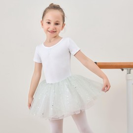 Ballet Leotards for Girls with Tulle Skirt Shiny Dance Leotards Tutu Ballet Dress Dance Outfit Ballerina Dress, White