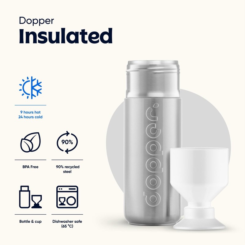 Dopper Insulated 580ml Silver Thermos Bottle - Double Walled, Leak-proof,