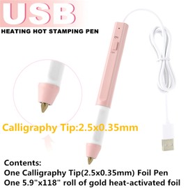 Briartw Heat Foil Pen – Craft Pen Tool with Calligraphy Tip 2.5x0.35mm & Gold Glimmer Foil Roll Set – Pink USB Pen for Shiny Foiling on Paper,Wood,Leather,Write,Draw,Trace and Stencil