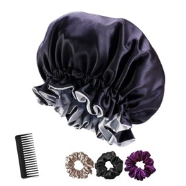 Satin Bonnet Silk Bonnet Hair Bonnet for Sleeping Satin Bonnet for Hair Bonnets for Women Silk Bonnet for Natural Hair (Black)