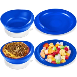Hushee Adaptive Spill Proof Scoop Bowl and Plate Set with Suction Base Non Skid Self Feed Dinnerware for Elderly Disabled Handicapped from Parkinsons, Dementia, Stroke, Tremor(2 Sets,Blue)