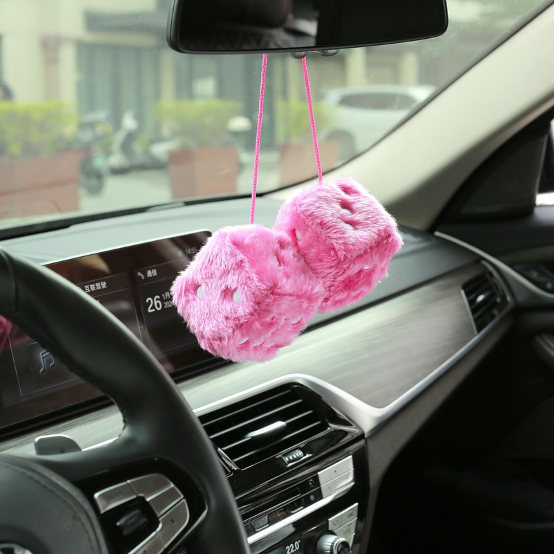 YGMONER Pink Fuzzy Dice for Car Rear View Mirror, Pair