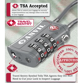 ANVIL TSA Locks for Luggage – TSA Approved Cable Travel Lock with Zinc Alloy Body, 3-Digit Combination Lock for Suitcases, Backpacks, Gun Cases, Zippers (Gray 2 Pack)