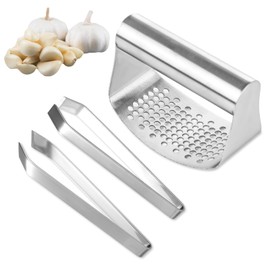 Garlic Press and Peeler Set, 2pcs Stainless Steel Garlic Mincer 1pcs Stainless Steel Garlic Chopper Garlic Tweezers Garlic Crusher Garlic Clippers Garlic Press Rocker Easy Faster Kitchen Tools