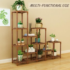 twocorn Plant Stand Indoor Outdoor, 12 Tier Plant Shelf for Multiple Plants, Large Wood Plant Shelf Combo Ideal for Gardens, Patios, and Lawns