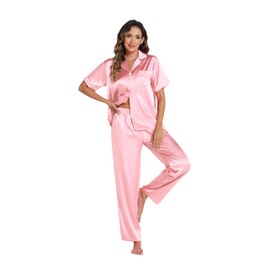 LUBOT Silk Pajamas for Women Satin Pajama Sets PJ 2 Piece Short Sleeve Long Pants Soft Button Down Loungewear Sleepwear (Pink,M)