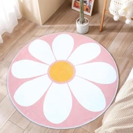 AIMECO Soft Cuddly Children's Rug Soft Round Carpet Living Room Rugs Girls Bedroom Children's Room Washable Easy Care Rugs Motif Round 80 cm Daisy Pink