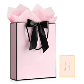 JMANNI Gift Bag, 1PCS Gift Bags with Ribbon and 1 Greeting Cards 2 Tissue Paper, Portable Paper Gift Bag with Handles, Birthday Gift Bags,Present Bags for Wedding Party Mothers Day(Pink-Black)