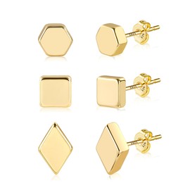 Gold Stud Earrings for Women Girls, Hypoallergenic Small Square Hexagonal Rhombus Flat Pad Studs Set Multiple Piercing,3 Pairs