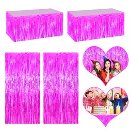 4P Metallic Foil Fringe Tinsel Table Skirts for Rectangle Tables Backdrop Banner Tinsel Streamer Garland Curtains for Parade Floats Wedding Graduation Anniversary Birthday Parties Decoration (Fuchsia)