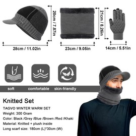 TAGVO 3-in-1 Winter Beanie Hat, Scarf, Gloves Set, Fleece Inner Lining, Elastic, Warm Knitted Beanie Cap, Neck Warmer, Touchscreen Gloves, Hat, Scarf & Glove Sets for Men and Women