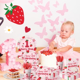 Strawberry 1st Birthday Decorations for Girls,Berry First Birthday Tableware Party Supplies,Strawberry Sweet One Themed Decor Disposable Plates,Napkins,Cups,Forks Knives,Serve 24