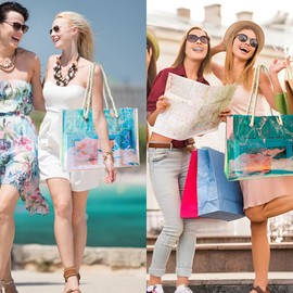 TotePrint PVC Holographic Shopping Bag Beach Bag - Reusable Transparent Tote Bag with Rainbow Effect, Waterproof Cotton Rope Handles for Supermarket, Beach, Brown