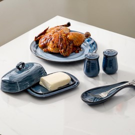 Hasense Ceramic Butter Dish and Spoon Rest, Salt and Pepper Shakers 4 in 1 Set, Blue Table Decor and Accessories for Cooking Lovers, Home and Kitchen Gift