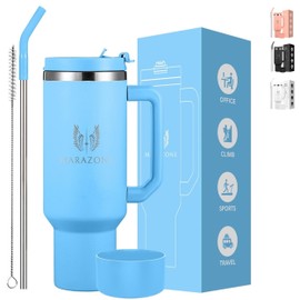 MARAZONE Tumbler with Handle and Straw 40oz | Leakproof Lid | Cup Holder Compatible Travel Mug | Vacuum Insulated Stainless Steel Cup | BPA-Free | Straw Cleaner & Silicone Boot Included (Sky Blue)