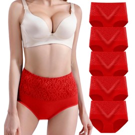 youlehe Women's Cotton Underwear Briefs High Waist Full Coverage Soft Breathable Panties (5 Pack Red-H004, Medium)
