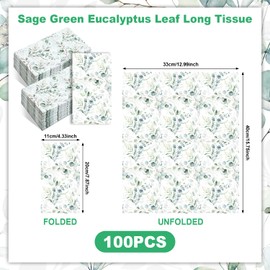100 Pack Greenery Eucalyptus Paper Napkins - 13 x 16 Inches Unfolded, Disposable Watercolor Leaves Napkins for Wedding, Baby Shower, Birthday, and Rustic Party Table Decorations