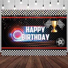 SENDY 7x5ft Racing Birthday Backdrop Speedometer Black White Chequered Flag Birthday Party Decorations Race Sport Competition Champion Party Banner Studio Props