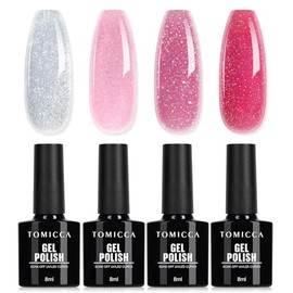 TOMICCA UV Nagellack Glitzer Rosa Set, 4 Farben Transparenter Rosa Rot Glitter Gel Nagellack, UV Lampe Soak-Off UV/LED Schellack Nagellack, für Nagelstudio und DIY Maniküre zu Hause, 8ML