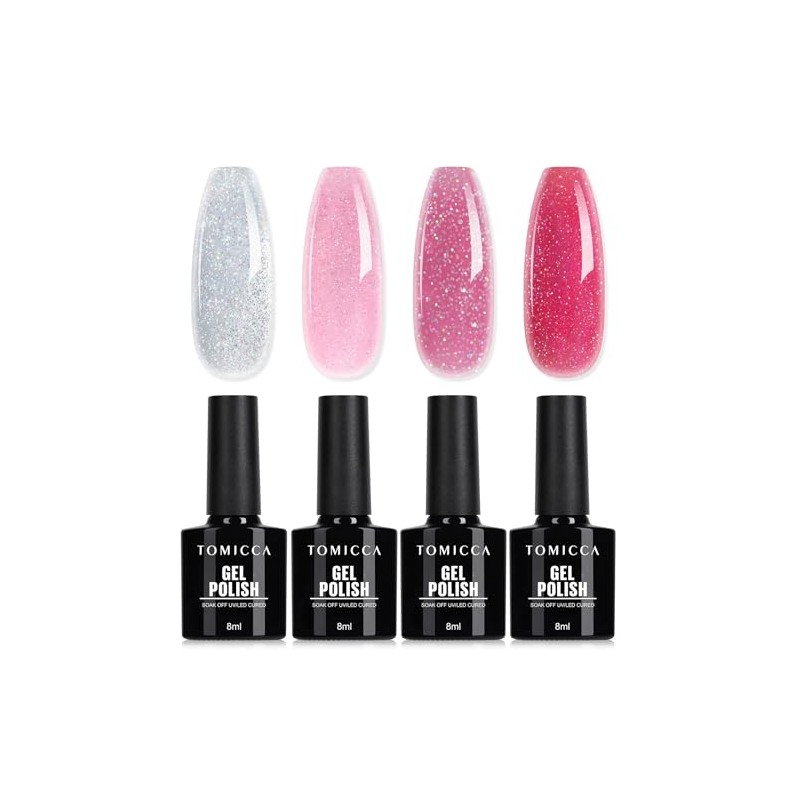 TOMICCA UV Nagellack Glitzer Rosa Set, 4 Farben Transparenter Rosa