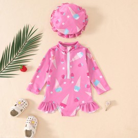 Noubeau Baby Girl Swimsuit One Piece Long Sleeve Zip Bathing Suit Fruit Print Rash Guard Beach Wear（Ice Cream,0-6 Months