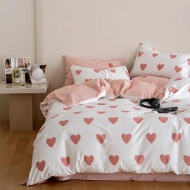 Nayoroom Bed Linen 135 x 200 cm White with Pink Hearts Duvet Cover, 2-Piece Microfibre Pink and White Hearts Reversible Bedding Set and Pillowcase 80 x 80 cm with Zip