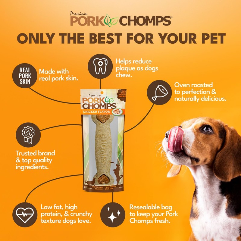 Pork Chomps Dog Chew, 7-inch Crunchy Bone, Chicken Flavor, 1