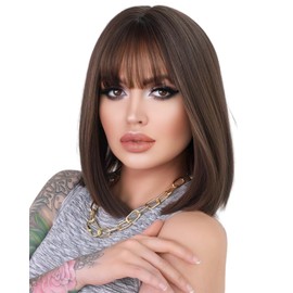 Pelucas Para Mujer, Pelucas Cabello Corto, Peluca Corte Bob Con Fleco Aspecto Natural, Fibras Sintéticas Alta Calidad, Ideal Para Cosplay, Disfraz, Moda y Belleza Mujer (Long Bob Ash Brown)