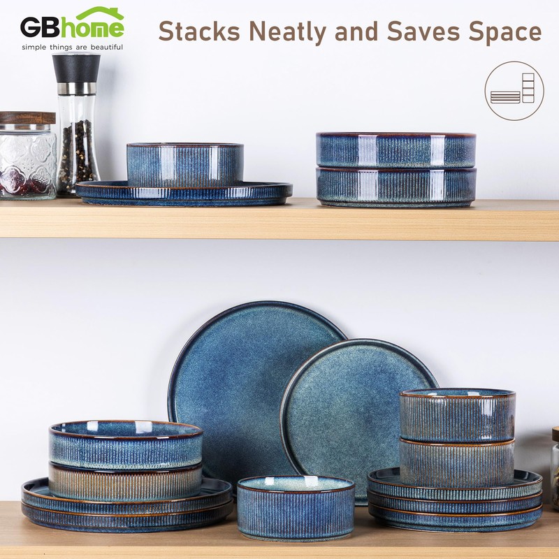 GBHOME Stoneware Dinnerware Sets for 6,Round Reactive Glaze Ceramic Plates