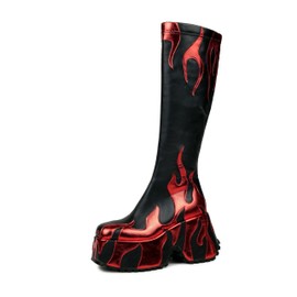 HiColor women’s side zipper high heeled silver Flames printing thick sole boots high boots round toe boots(RED US10)