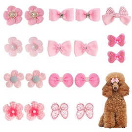 20 Pcs Light Pink Small Dog Hair Bows Hair Bow Bulk with Rubber Bands Cute Puppy Dog Bowknot Elastic Lace Rhinestone Pearls Hair Ties Ball Bows Mix Style Handmade Grooming Flower Topknot Accessories