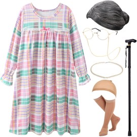 EBYTOP Old Lady Costume for Kids 100th Day of School Costume Wig 100 Year Granny Glasses Grandma Little Old Women Cane Accessories,10-12 Years