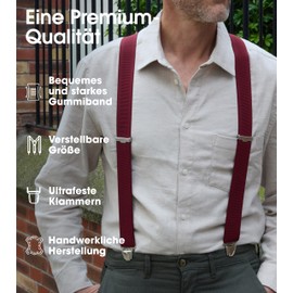 Pierrot Braces for Men Wide Made in Germany / France - Ultra Strong Elastic Band & 4 Extra Strong X-Clips - Adjustable Length up to 130 cm - Lifetime Guarantee, bordeaux, Unit size