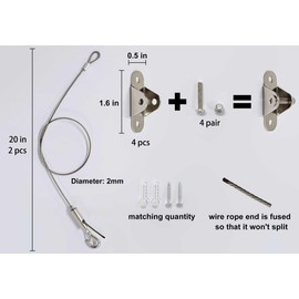 2 Sets Adjustable Hanging Wire Kit, Stainless Steel Multipurpose Suspension Wire Cable with Hook, Heavy Duty Anchor for Furniture, Light, Lamp, Picture, Mirror Secure to Wall or Ceiling, 20in