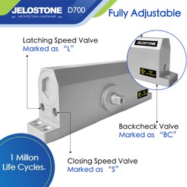JELOSTONE Medium Duty Commercial Door Closer D700, 3 Valves Closing/Latching/Backcheck, UL 3 Hour Fire Rated, Fixed Size #3 Spring Power, Door (55-150LB/33-36 in), Indoor/Outdoor (Aluminum)