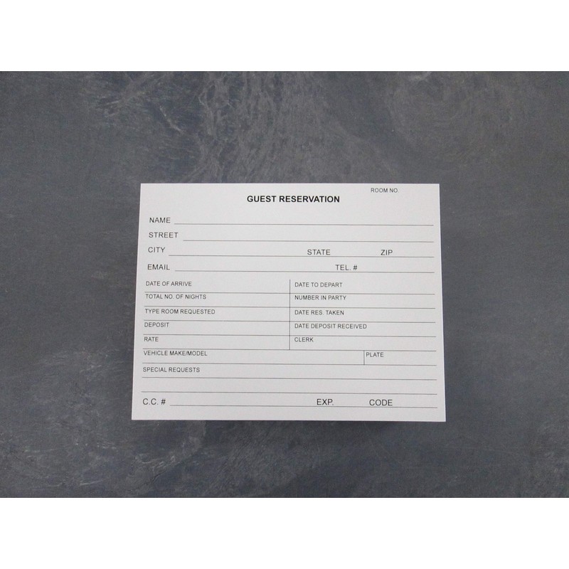 Guest Reservation/Registration Card for Hotels, Motels, Hospitality Front Desks Check