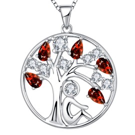 YL Tree of Life Necklace 925 Sterling Silver cut January Birthstone Garnet Family Tree Girl Pendant Necklace for Women,45+3CM