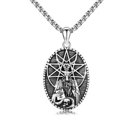 Satanic Necklace Mens,Sterling Silver Sigil of Baphomet Necklace Satanic Pentagram Pendant Gothic Jewellery Father's Day Gift