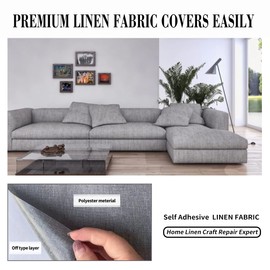 Lifeshoon Fabric Repair Patches, 17X79 Inch Linen Repair Tape Self-Adhesive Fabric Patches Durable, DIY Large Linen Tape for Sofa, Couches, Furniture, Chair, Clothing （17X79 Inch, Grey）