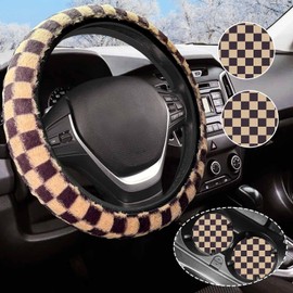 Brown Checkered Fuzzy Steering Wheel Cover for Women, Universal Auto Steering Wheel 14-15 Inch Soft Warm Car Interior Accessories with 2PCS Car Coasters, Suitable for Men and Women (Brown khaki)