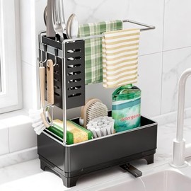 Sink Organiser, Black Kitchen Organiser Sink with Drain Pan & Cloth Holder, Sink Utensils Organiser for Brushes/Towels
