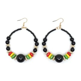 Generic Teri's Boutique Rasta Mixed Fashion Beads Style Reggae Jamaican Gold Tone Women Hoop Dangle Earrings, Small, Black