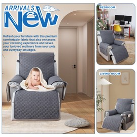 100% Waterproof Recliner Covers for Small Recliners, Anti-Slip Recliner Chair Covers with 5 Pockets, Elastic Straps, Washable Recliner Protector for Kids, Pets, Dogs, Grey