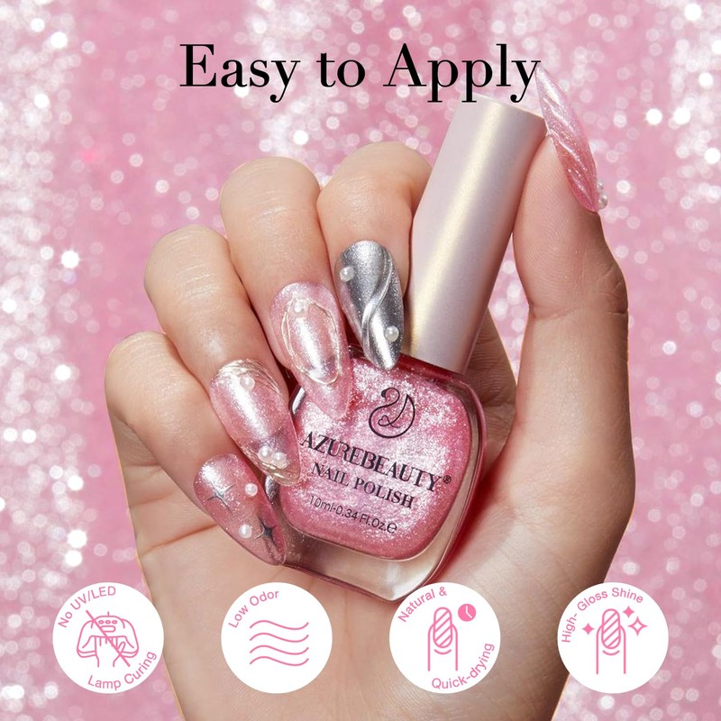 AZUREBEAUTY Glitter Pink Nail Polish no Gel Quick Dry Natural