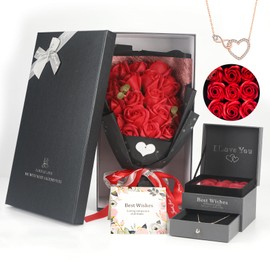 Rose Bouquet Rosas Eternas Preserved Rose Bouquet 18 Flower Bouquet with Beautiful Love Necklace, Unique Gift for Birthday, Valentine's Day, Mother's Day, Thanksgiving, Christmas, Anniversary(Red)