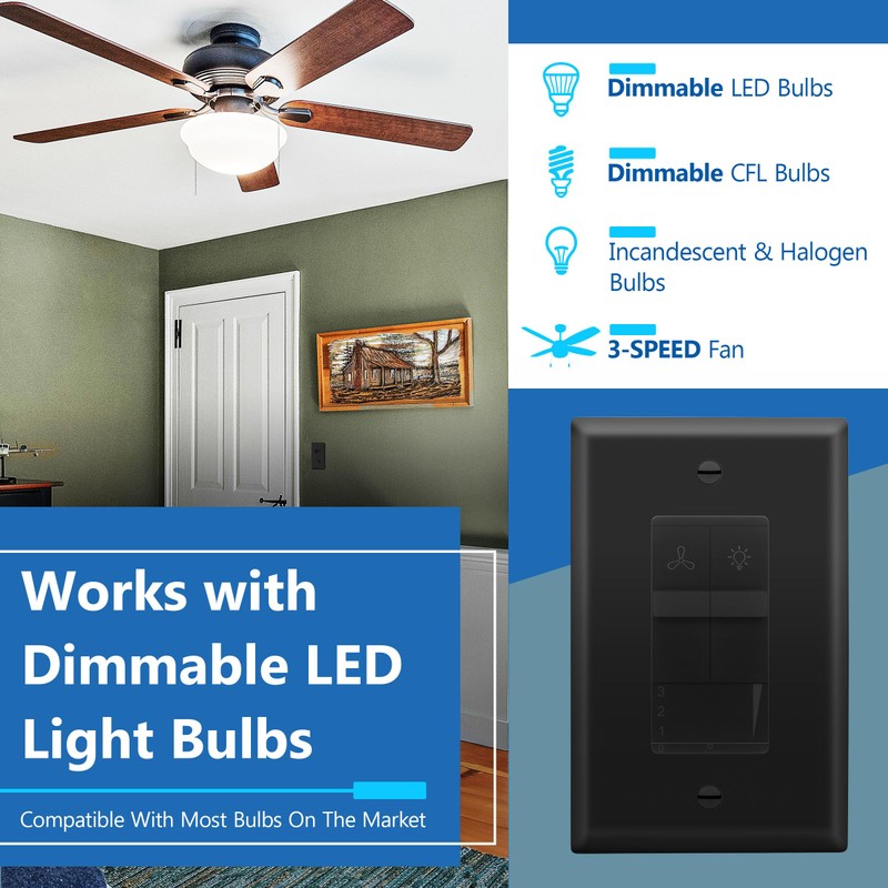 LIDER Combination Light Switch and 3-Speed Fan Control, Light and