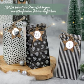 Papierdrachen DIY Advent Calendar for Filling, 24 Printed Gift Bags and 24 Number Stickers and Clips, for Crafting and Gifts, Christmas