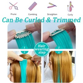 XIRRWWH Pack of 9 21 Inch Wig Pieces for Women Straight Clip In Synthetic Hair Extensions, Party Highlights Multicoloured Hair Accessories Hairpieces (Turquoise)