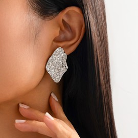 Xerling Geometric Irregular Hammered Earrings for Women Trendy Gold Silver Chunky Statement Textured Stud Earrings, Large, Metal, No Gemstone